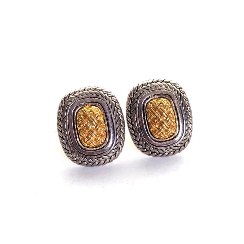 Vintage Premier Designs Gold Braided Rope Silver Textured Clip On Earrings
